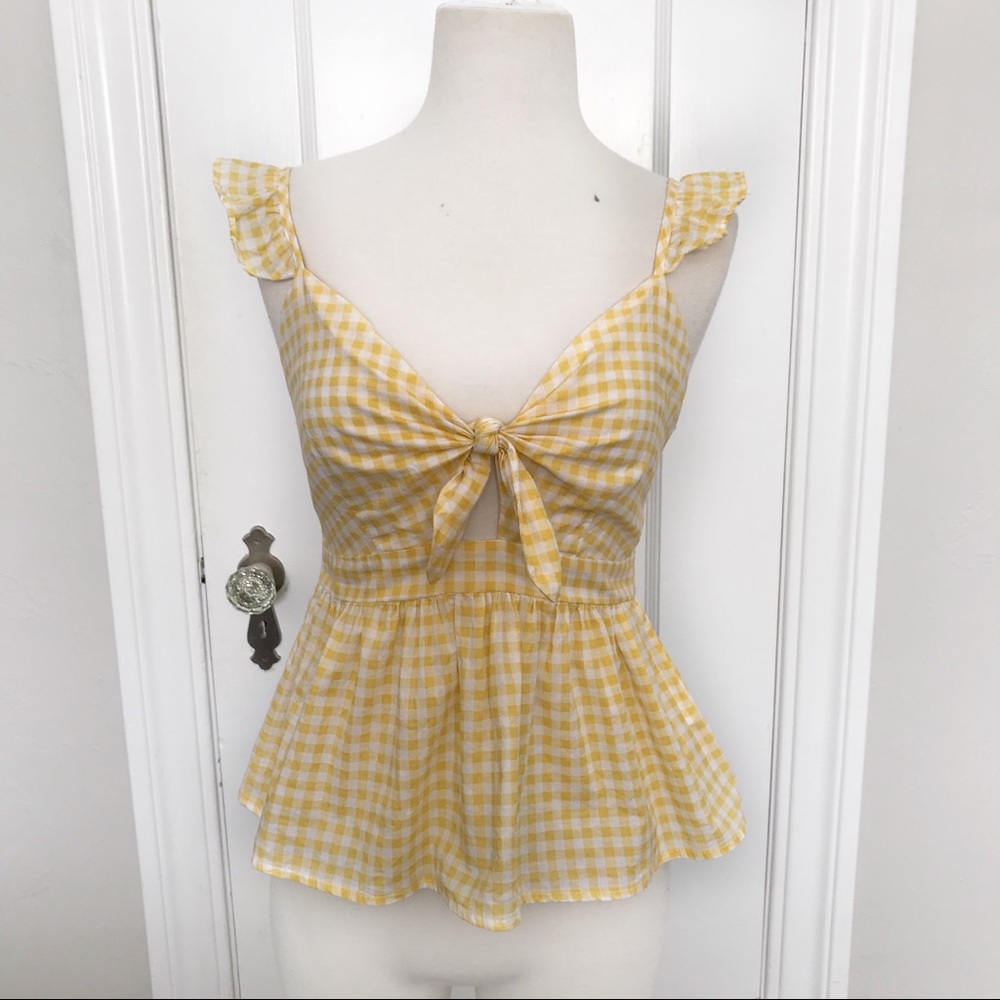 Gingham Sleeveless Smocked Key Hole Cut Out Ruffle Top Yellow Love + Piece Small